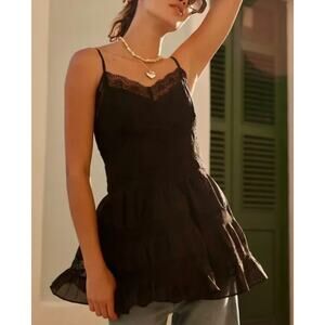 Free People Somebody To Love Lace Gathered Babydoll Mini Dress Black Large NWT